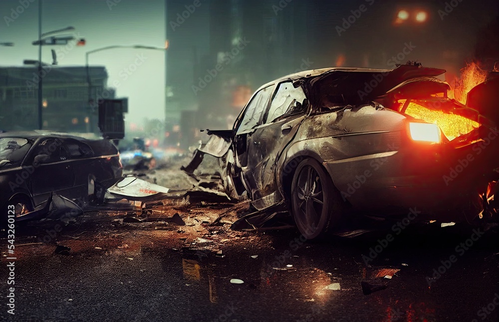 Cars in an urban area was cause damage and broken car wrecks. After street accidents, rolling over of smoking generic vehicles resulted in crashes and fires. Concept of drink and drive danger