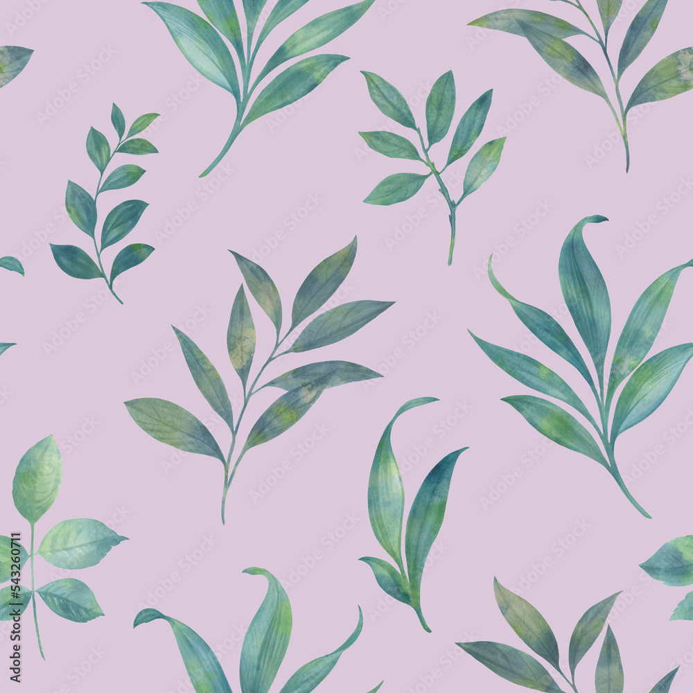 Fototapeta premium Green leaves seamless pattern with abstract watercolor for wallpaper, wrapping paper, print, design.