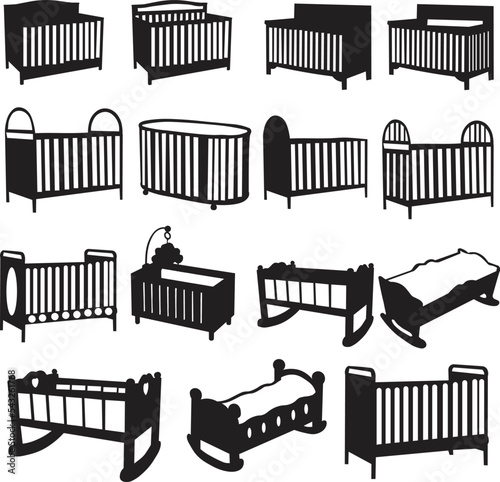 Digital illustration set of silhouettes of baby cribs on a white background