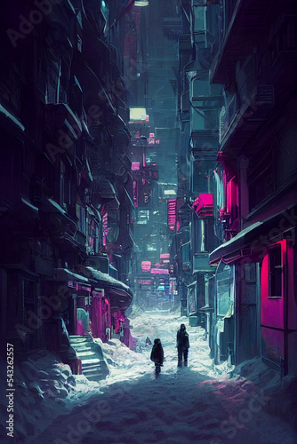 cyberpunk post-apocalyptic dystopian winter city , narrow street, neon lights, concept art, digital painting, cinematic,