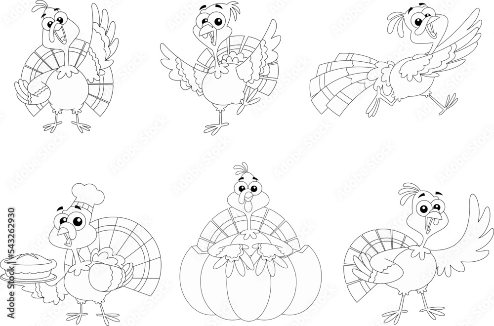 Outlined Turkey Baby Cartoon Character In Different Poses. Vector Hand Drawn Collection Set Isolated On Transparent Background