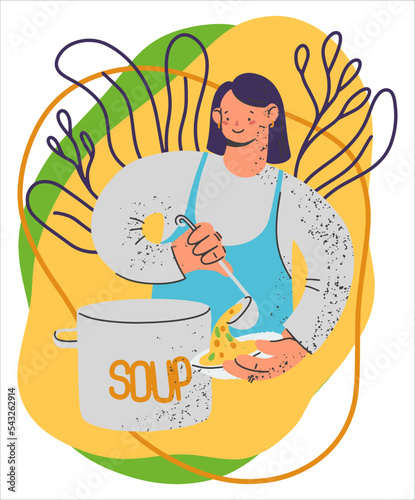 Girl volunteer distributes hot food. Warm soup for homeless people. Charity. Help people in difficult situations. Helping hand, support, social care. Vector illustration in a flat style.
