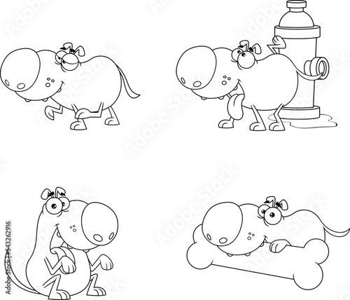 Outlined Dog Cartoon Character In Different Poses. Vector Hand Drawn Collection Set Isolated On Transparent Background