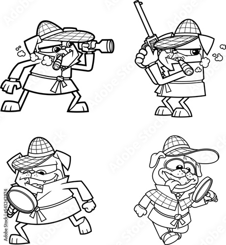 Outlined Detective Pug Dog Cartoon Character In Different Poses. Vector Hand Drawn Collection Set Isolated On Transparent Background