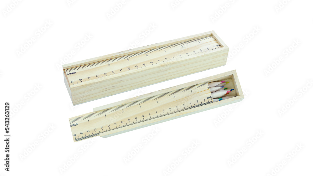 Wooden pencil case box with ruler lid and colour pencils isolated on white background,Office supplies,Crayon,stationary Wooden pencil case box with ruler lid and colour pencils isolated on white background,Office supplies,Crayon,stationary