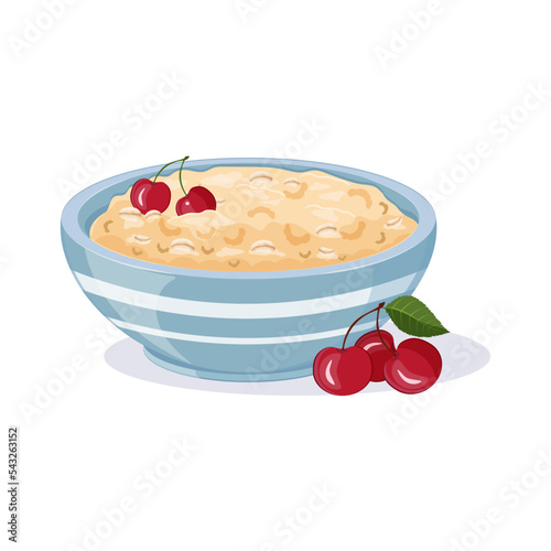 Oatmeal in blue bowl with cherries. Milk cereal breakfast. Vector illustration of healthy diet