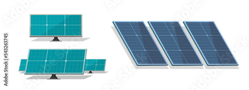 Solar panel module blue cell vector icon or photovoltaic alternative energy system isolated cut out flat and 3d cartoon illustration graphic, electricity generation technology image