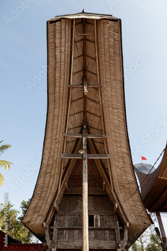 Tongkonan houses, traditional ancestral Tana Toraja buildings, with their characteristic curved roofs, decorated with paintings, in Sulawesi, Indonesia, Southeast Asia