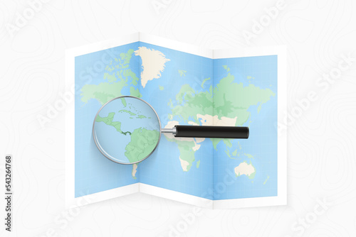 Enlarge Panama with a magnifying glass on a folded map of the world.