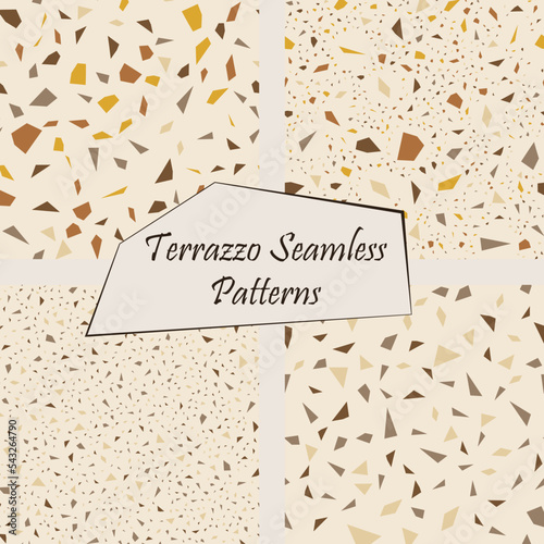 Terrazzo seamless paintings. Vector texture of a mosaic floor consisting of stone fragments, fragments of marble, granite, limestone, quartz, glass fragments and concrete. Classic Italian flooring bac