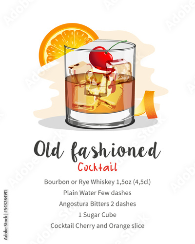 Old fashioned alcoholic drink in a glass goblet with ice cherry and orange on a white background and a divorce with a recipe