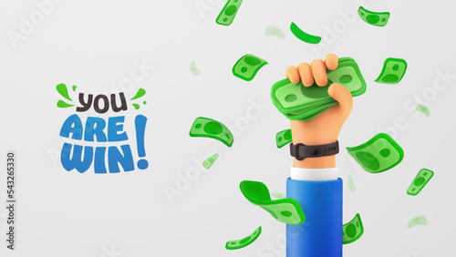 Jackpot winning celebration. Lottery winner vector illustration. Businessman hand catch stack of bills. Falling money and cartoon arm on white background.