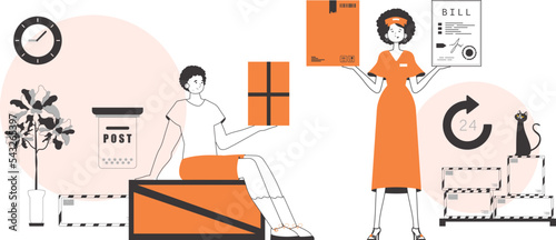 Guy and girl delivers parcels. Linear trendy style.
