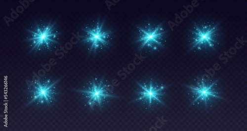 Lens flares with sparkles, blue starbursts set, shiny camera flashes. Glowing lasers with particles, transparent overlay glare effect. Magic spark with fairy dust. Vector illustration.