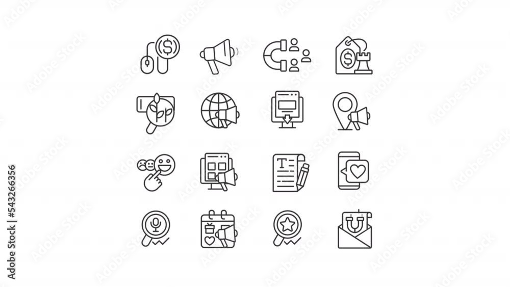 Animated marketing linear icons set. Promotional campaign. Social media feedback. Seamless loop HD videos with alpha channel on transparent background. Outline motion graphic animations