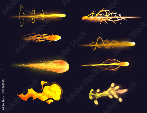 Vfx gun effect. Raygun futuristic alien weapon boom. Game or comic book colorful energy phasers lightnings. Laser gun beam. Cartoon futuristic shot effect. Space astronaut blaster attacks set.