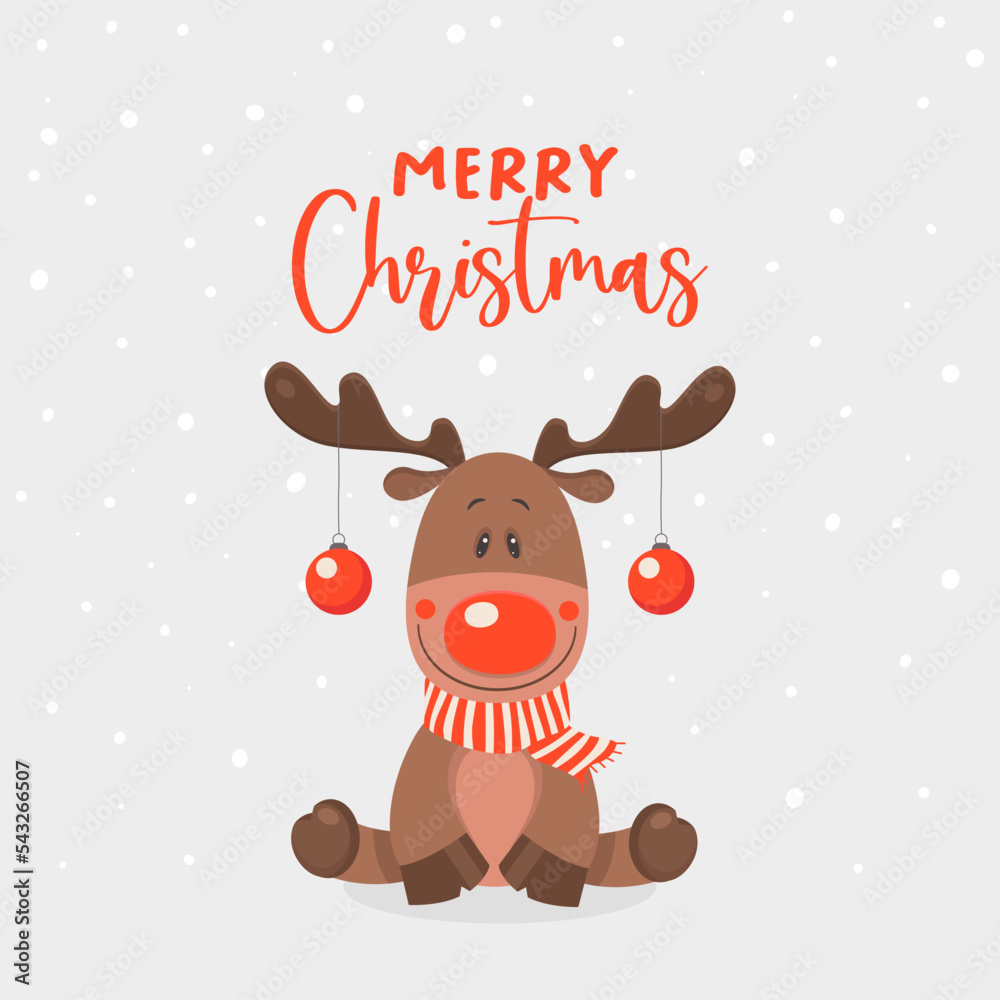 Vector Cute and Funny Reindeer with Scarf and Christmas Balls on Horns. Cartoon Christmas Deer for Christmas, New Year 2023 Greeting Card, Poster, T-shirt Print Vector Cute and Funny Reindeer with Scarf and Christmas Balls on Horns. Cartoon Christmas Deer for Christmas, New Year 2023 Greeting Card, Poster, T-shirt Print