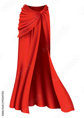 Superhero red cape in front view. Scarlet fabric silk cloak. Mantle costume or cover cartoon vector illustration
