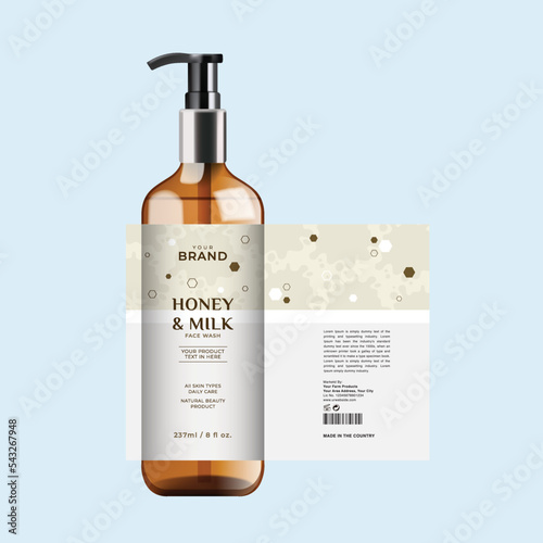 Honey and milk face wash packaging cosmetic label, glass jar label, gel and cream pack bottle design, woman wash care label.