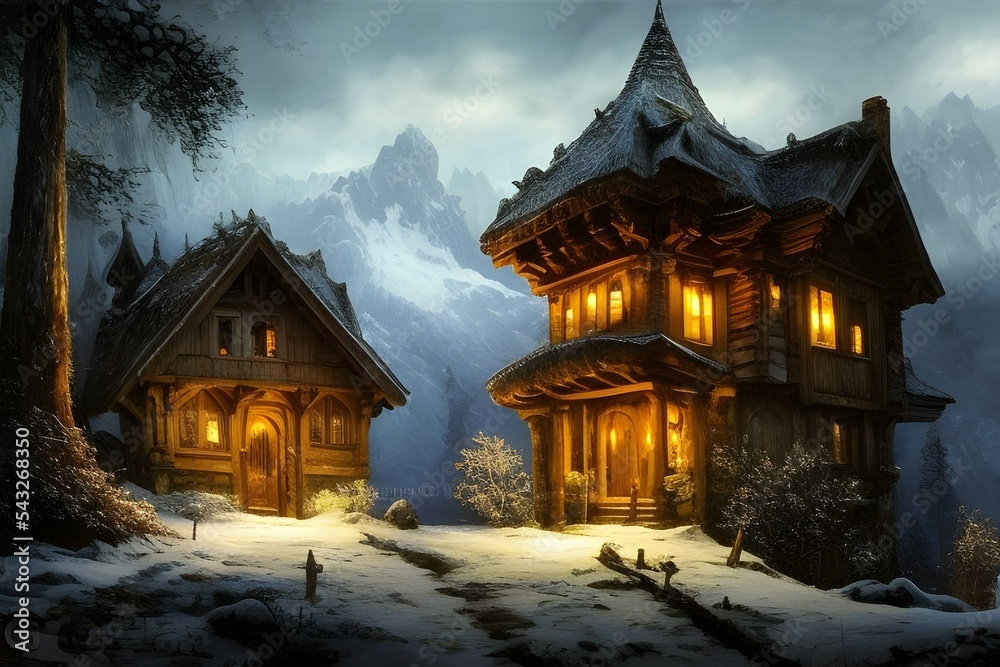 Obraz premium Intricate house, castle, on beautiful landscape 3d illustration 3d render