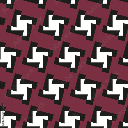 seamless pattern with black and white geometric elements on dark red background