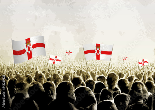 Crowd with the flags of Northern Ireland, people cheering national team of Northern Ireland. Ai generated illustration of crowd.