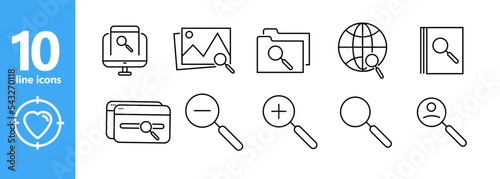 Magnifier icons set. Document Search, Image Enlargement, Document Search, Web Search, Increase Font, Find File, Reduce, Enlarge. Magnifier concept. Vector line icon for business