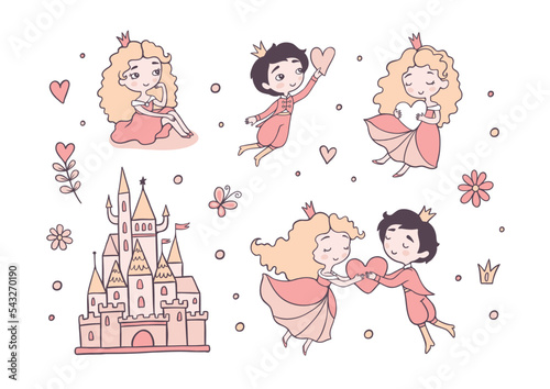 Romantic fairy tale flat color vector characters set