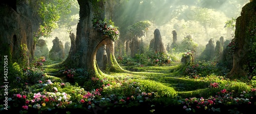 Photo Unreal fantasy landscape with trees and flowers