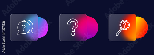 Question icons set. Thought, question, message, increase, search, magnifying glass. Question concept. Glassmorphism style. Vector line icon for business