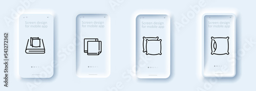 Bed linen icons set. Pad, pillowcase, towel, blanket, hygiene, cleanliness, handkerchief, cotton. Hygiene concept. Neomorphism style. Vector line icon for business