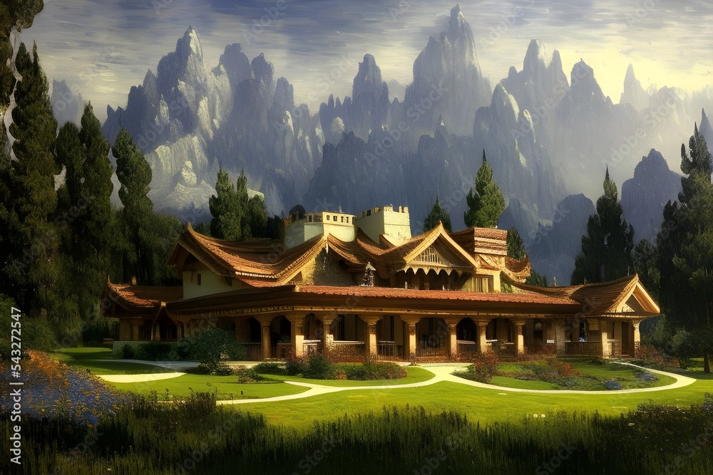 Intricate house, castle, on beautiful landscape 3d illustration 3d render