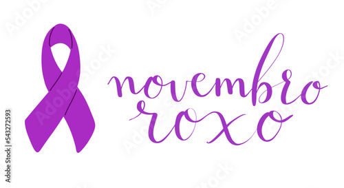Novembro Roxo translation from portuguese November Purple, Brazil campaign for preterm infants support. Handwritten calligraphy and awareness ribbon vector