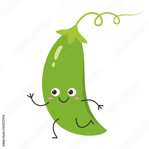 Green pea pod running character cartoon cute smiling face cheerful kawaii joy happy emotions icon vector illustration.