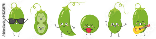 Set green pea pod character cartoon greeting jumping sings love running cute smiling face cheerful kawaii joy happy emotions icon vector illustration.
