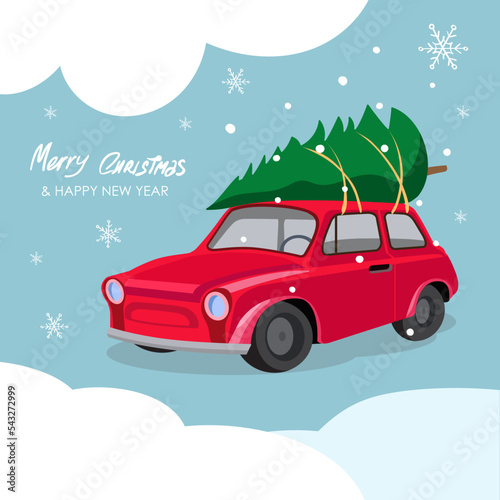 christmas tree on the roof of a red car.vector illustration in cartoon style.