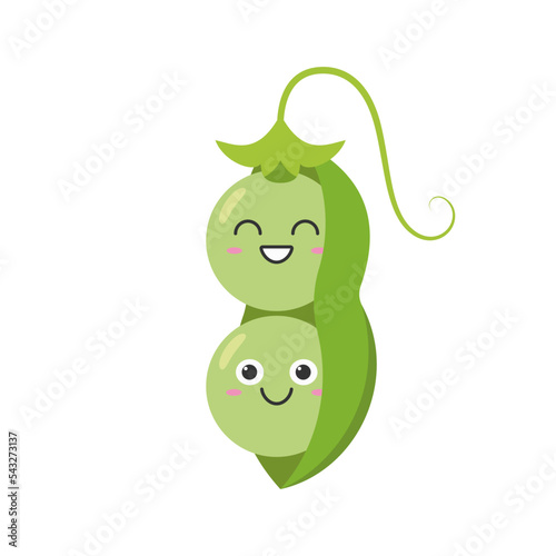 Green pea pod character cartoon cute smiling face cheerful kawaii joy happy emotions icon vector illustration.