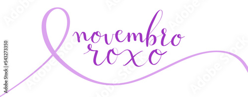 Novembro Roxo translation from portuguese November Purple, Brazil campaign for preterm infants support. Handwritten calligraphy and awareness ribbon vector