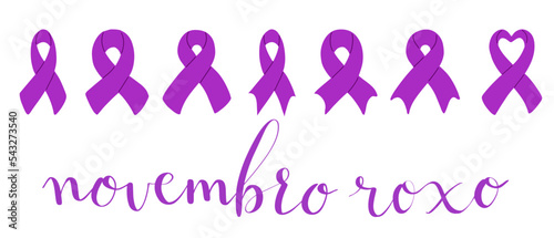 Novembro Roxo translation from portuguese November Purple, Brazil campaign for preterm infants support. Handwritten calligraphy and awareness ribbon vector