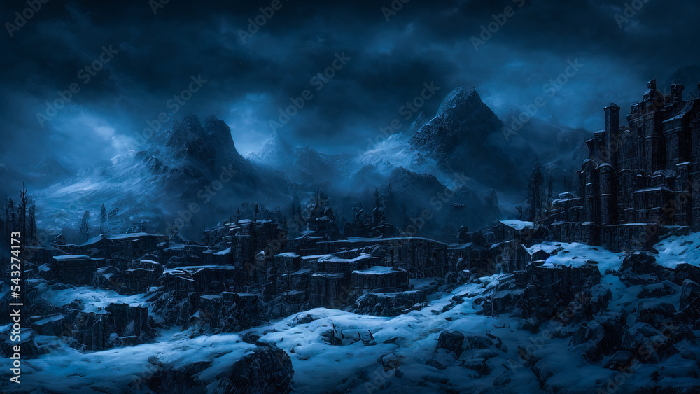 Dark night winter landscape with snowy mountains and houses. Snow storm in the mountains ruined old houses. Gloomy dark night, moonlight blue cold light, frost, fog, wind.