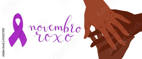 Novembro Roxo translation from portuguese November Purple, Brazil campaign for preterm infants awareness. Handwritten calligraphy and human hands in support shape vector