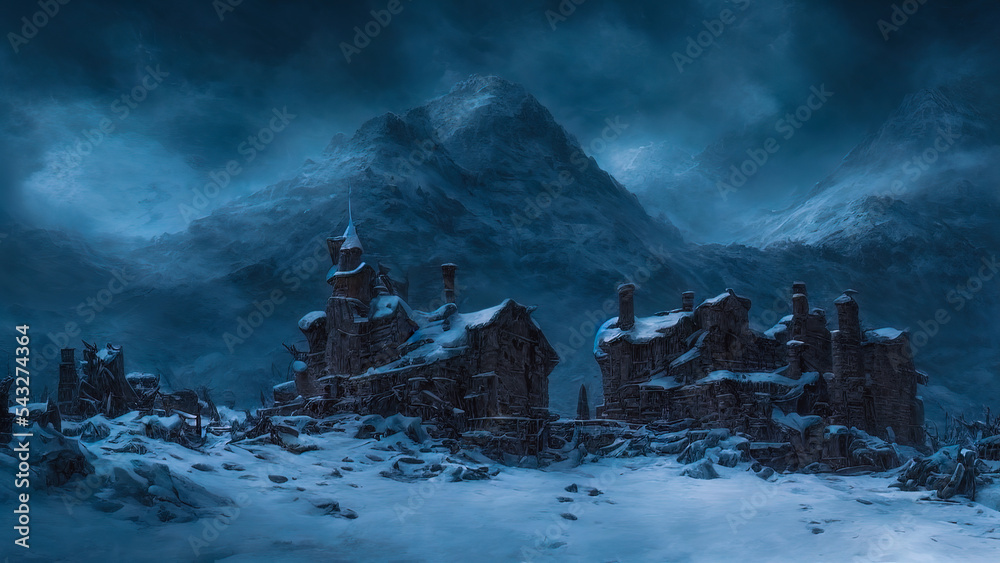 Dark night winter landscape with snowy mountains and houses. Snow storm in the mountains ruined old houses. Gloomy dark night, moonlight blue cold light, frost, fog, wind.