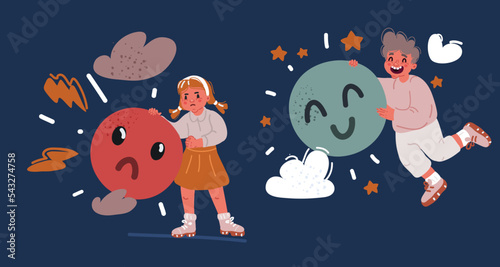 Vector illustraiton of of kids emotions. Facial expression. Cartoon boy avatar. Happy and unhappy girl with emoji in her hands