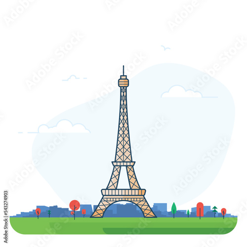 Paris city on background and Eiffel tower on green ground island floating in the air. Trees, clouds and birds. Famous Eiffel tower in Paris, France. Architecture city symbol of France. 