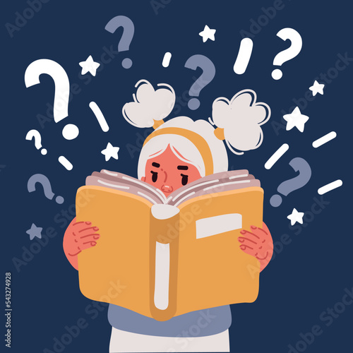 Vector illustraiton of American girl kid reading book. Knowledge and education concept.