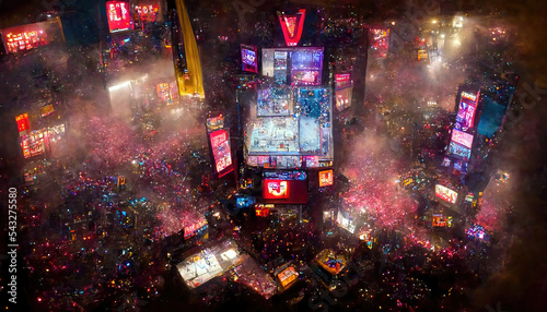 AI generated image of an aerial view of New York's Times Square on New year's eve with a large crowd gathered to usher in the new year