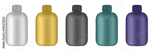 Set of green, purple, black, white, and gold bottles. Sports nutrition containers packages, fitness protein. Bodybuilding sport food. Jars with supplements for muscle growth