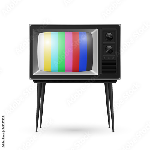 Vector 3d Realistic Retro Striped Screen TV Receiver Isolated on White Background. Home Interior Design Concept. Vintage TV Set, Television, Front View