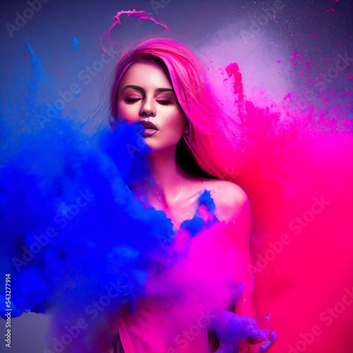 Beautiful Woman with Pink Hair Surrounded by Smoky Pink and Blue Holi Powder | Midjourney Ai Generated