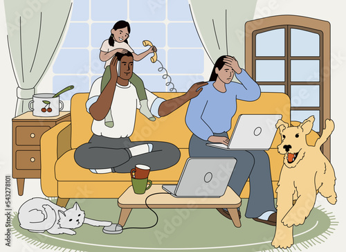 Flat family work on laptop from home with naughty kid and noisy domestic pets. Stressed exhausted freelancer parents working in mess room.Tired mom burnout, fatigue father or multitasking concept.